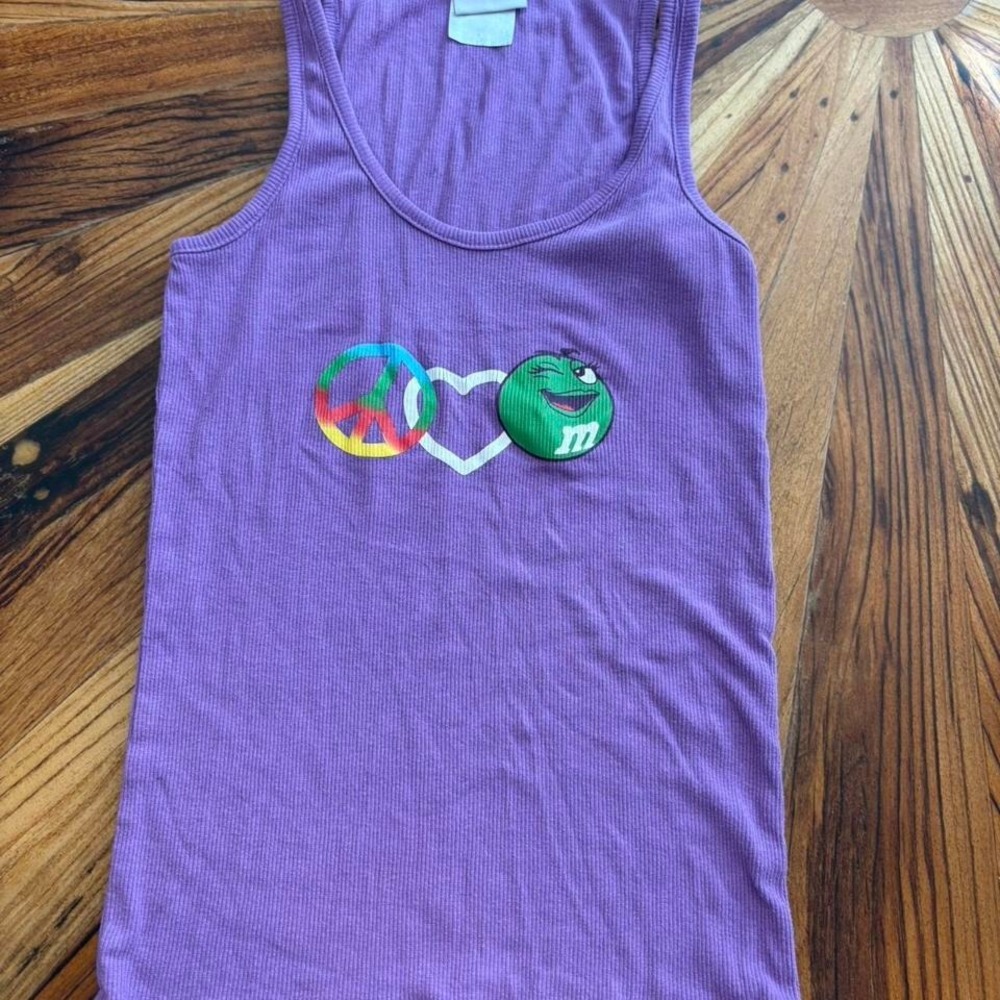 M&M's World Purple Ribbed Tank Top Peace Love Green M&M Graphic Y2K 2013 Small
